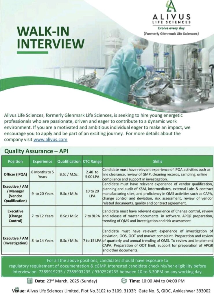 Alivus Life Sciences Walk In Drive on 23rd March, 2025 (Sunday)  for Quality Assurance Department 