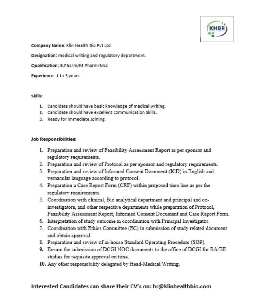 Klin Health Bio Pvt Ltd Hiring for Medical Writing and Regulatory Department