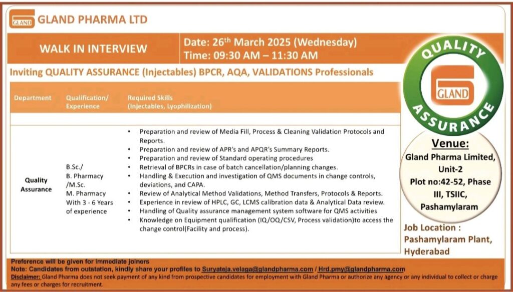 Gland Pharma Limited Walk In Drive 26th March 2025 (Wednesday)