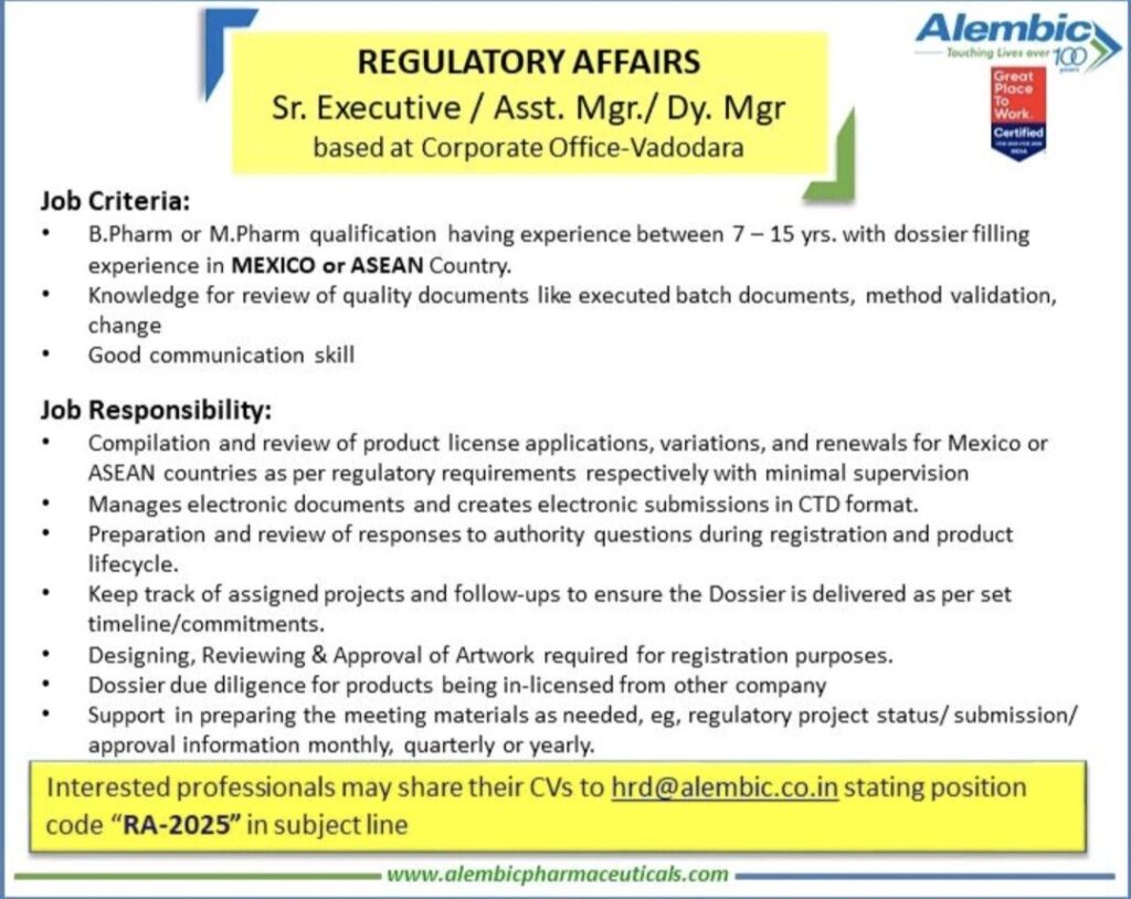 Alembic Pharmaceuticals Ltd hiring for Regulatory Affairs Department