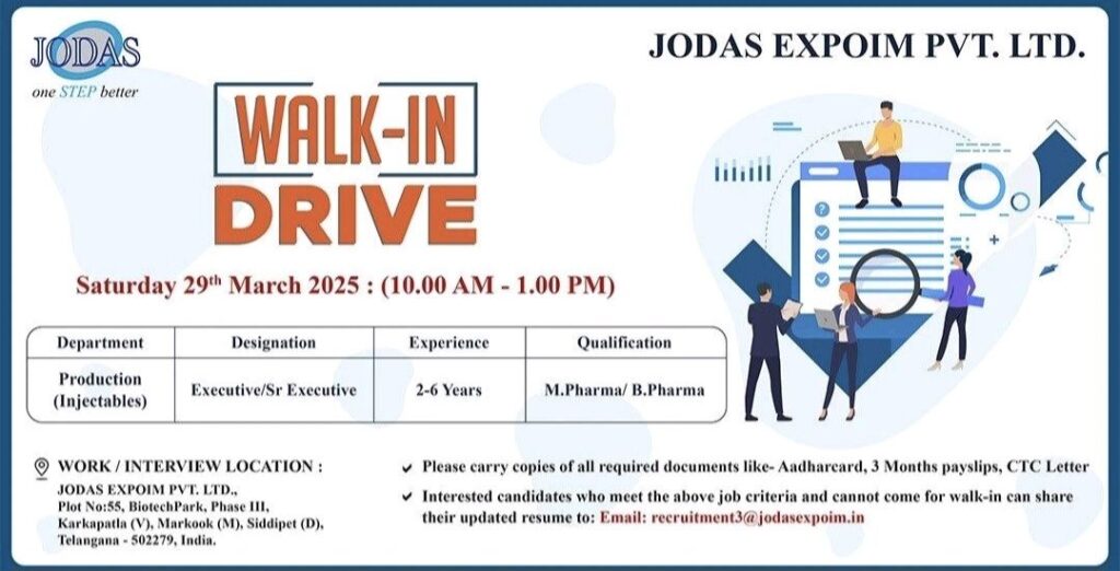 Jodas Expoim Pvt. Ltd Walk-in Interview on Saturday, 29th March 2025  