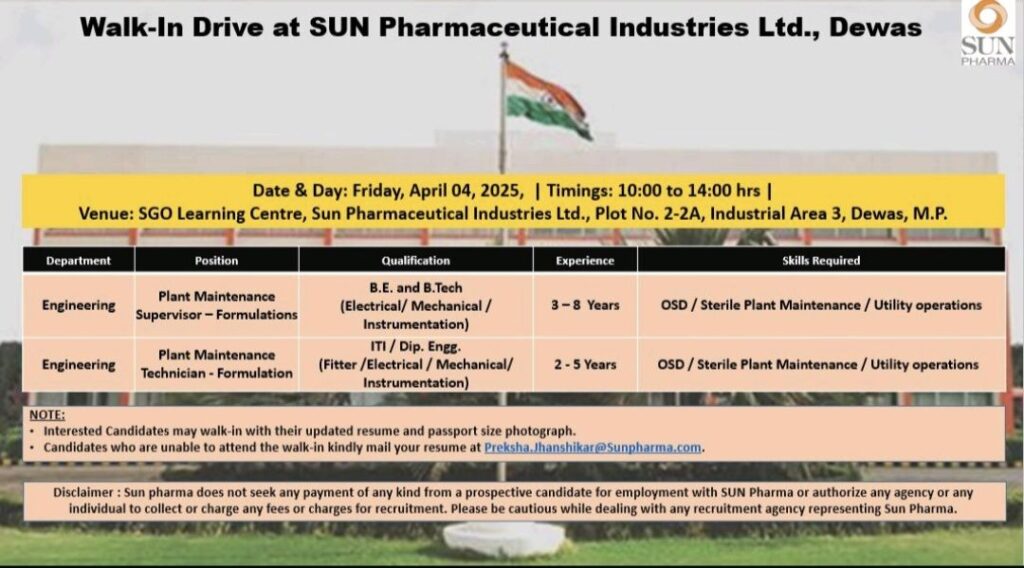 Walk-In at Sun Pharma Dewas – Engineering Roles (Supervisor & Technician) – April 4, 2025