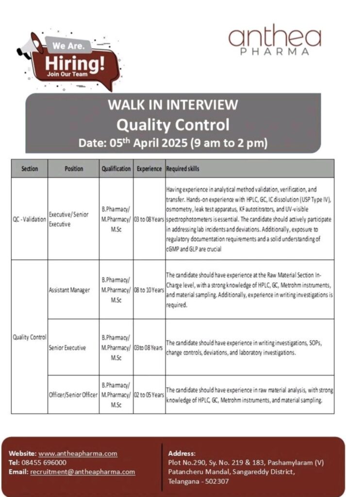 Anthea Pharma Walk-In Interview on 05th April 2025 for Quality Control Department 