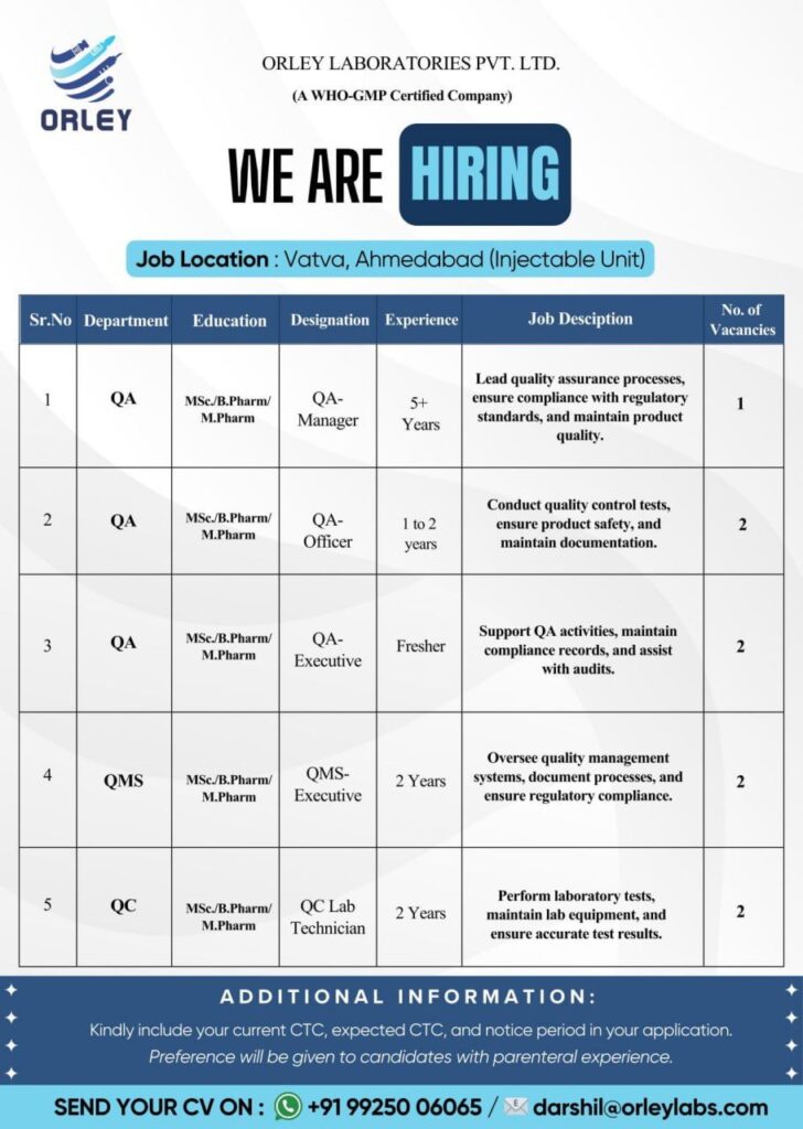 Orley Laboratories Hiring Now