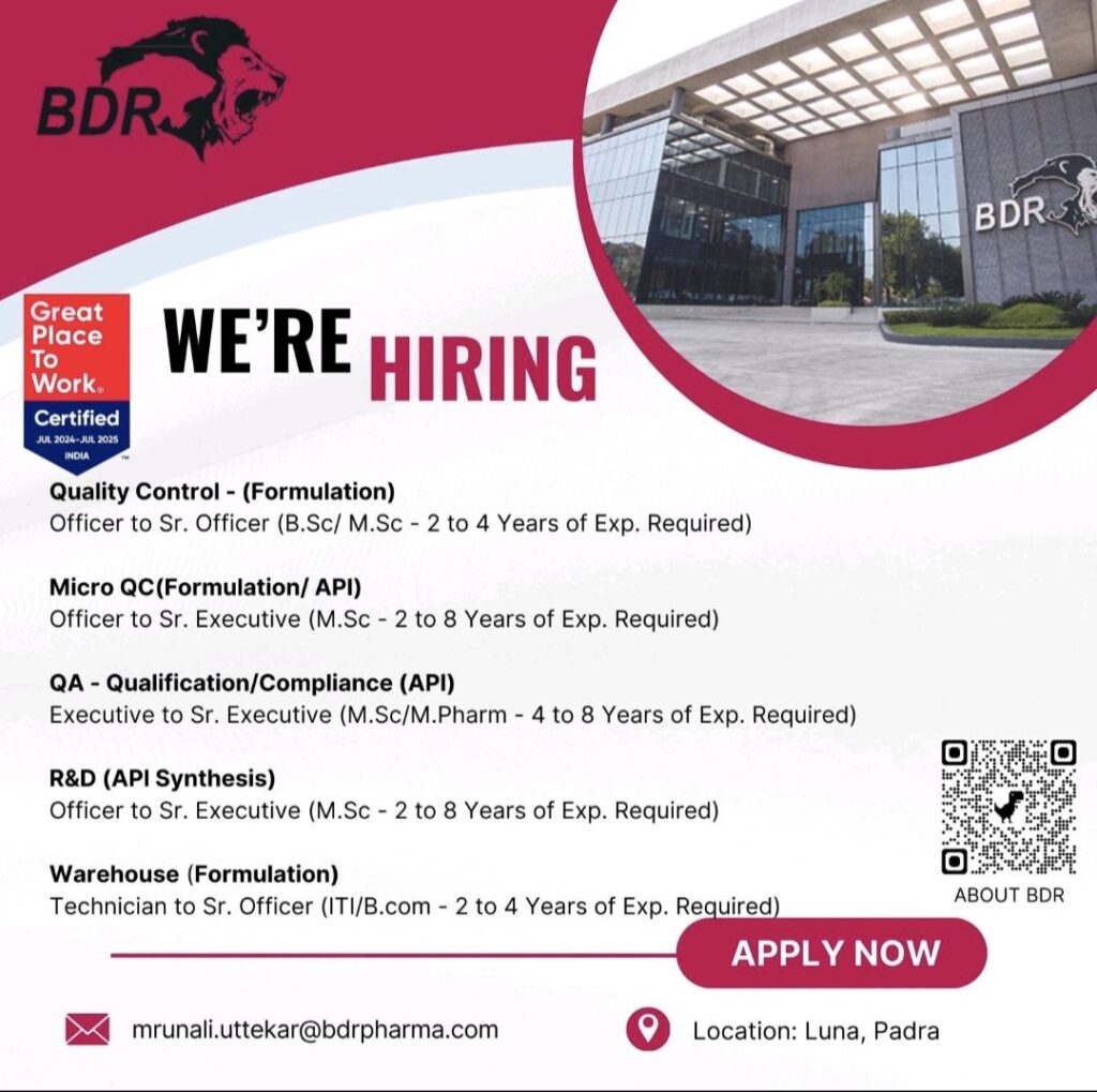 BDR Pharmaceuticals International Pvt. Ltd hiring for QC, QC Micro, QA, R&D and Warehouse Department