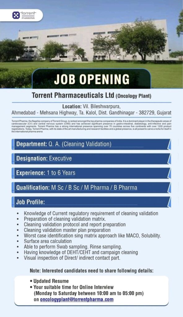Torrent Pharmaceuticals Ltd hiring for Q.A. (Cleaning Validation) Department 