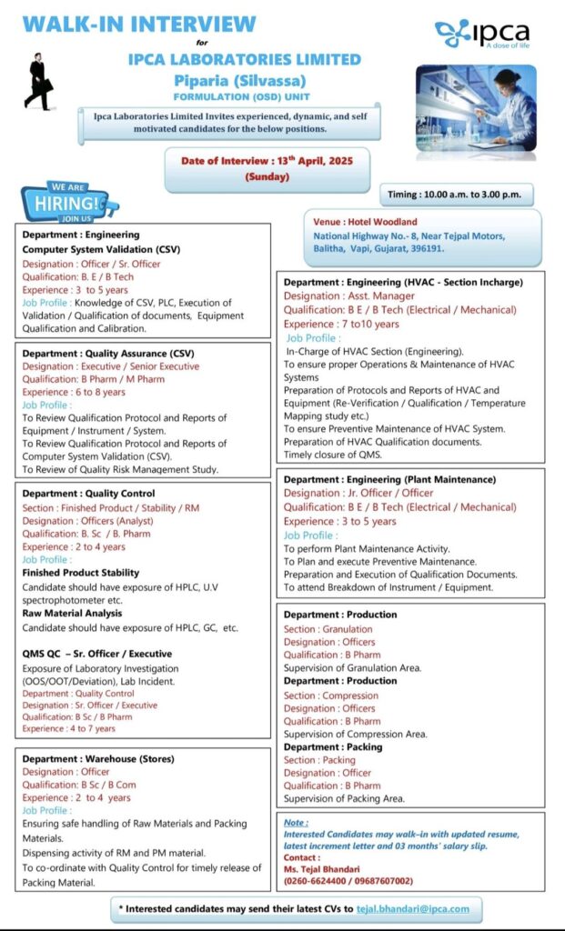 Walk-in Interview on 13th April 2025 (Sunday) at Ipca Laboratories
