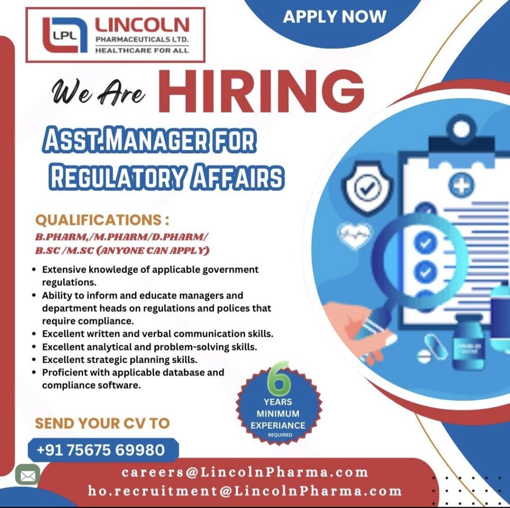 Lincoln Pharmaceuticals Ltd hiring for Regulatory Affairs Department 