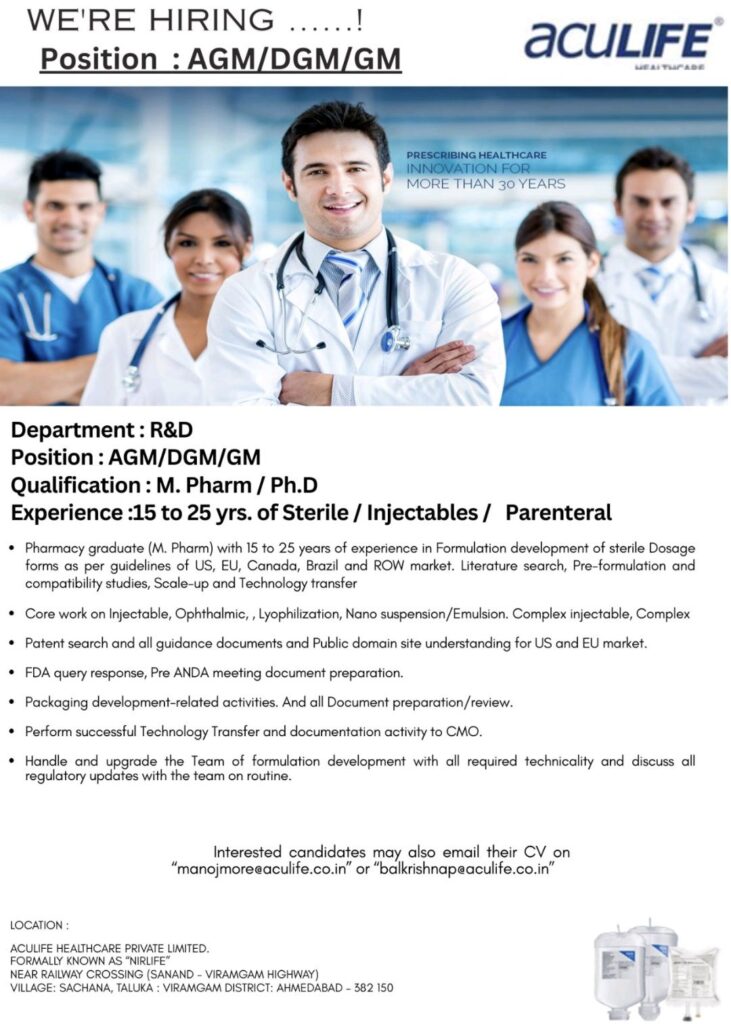 Join Our R&D Leadership Team – AGM/DGM/GM (Sterile Formulations) – Aculife Healthcare