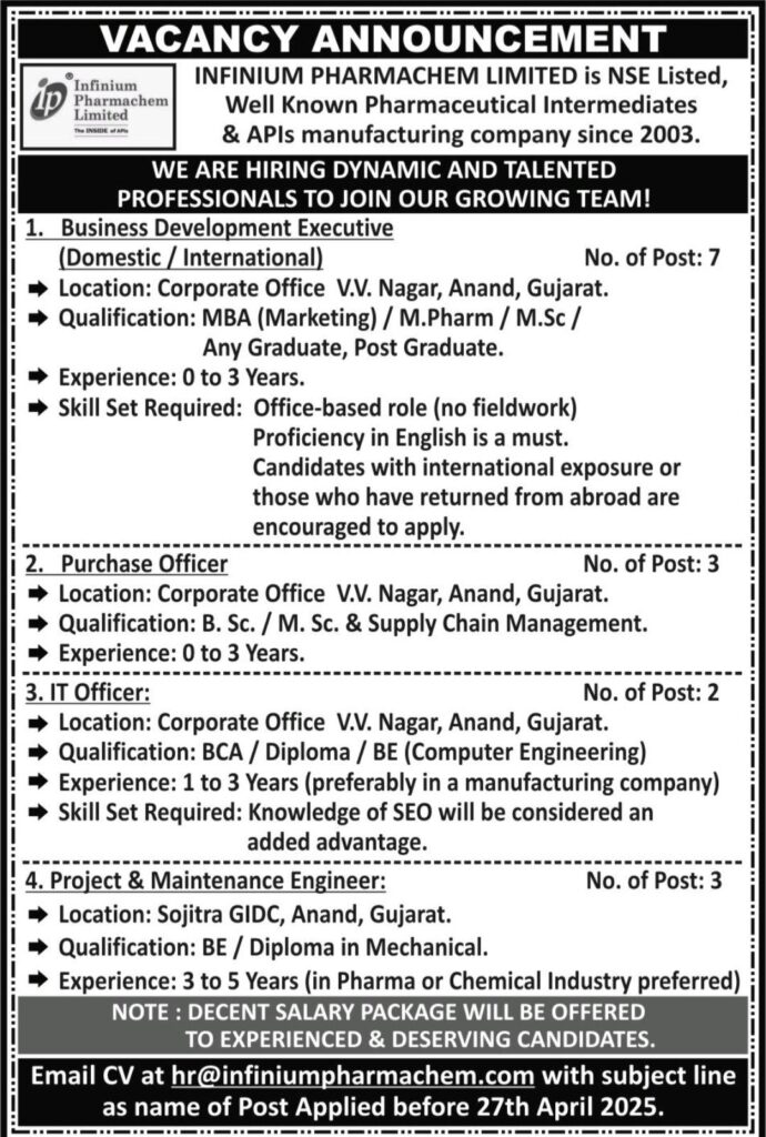 Infinium Pharmachem Hiring: Multiple Job Openings in Pharma & Engineering – Apply Now