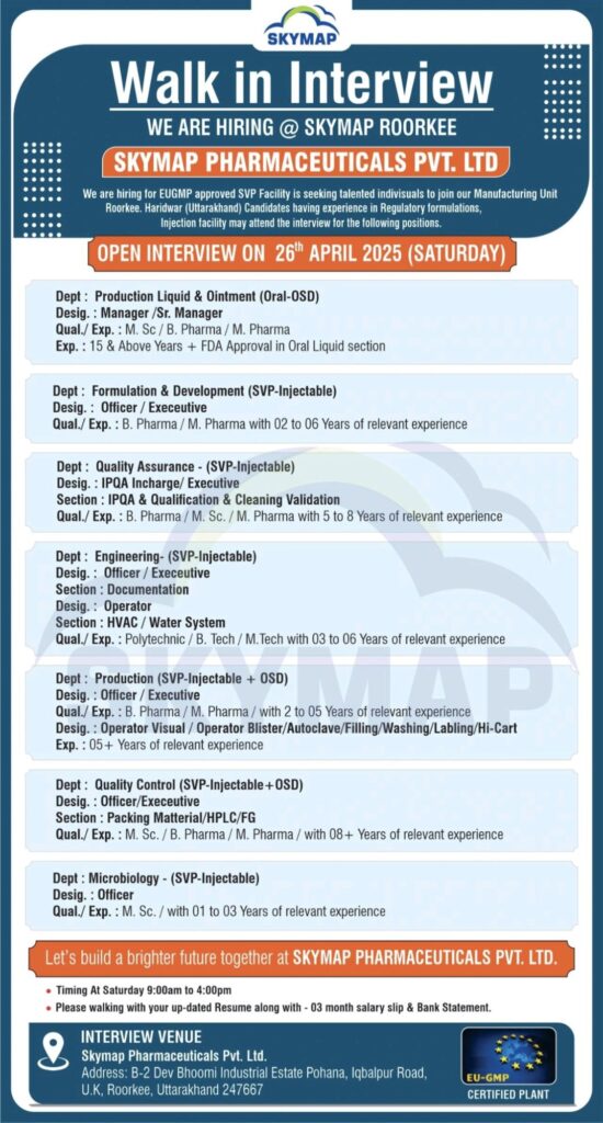 Join Skymap Pharmaceuticals – Walk-in Interviews for Multiple Positions on 26th April 2025