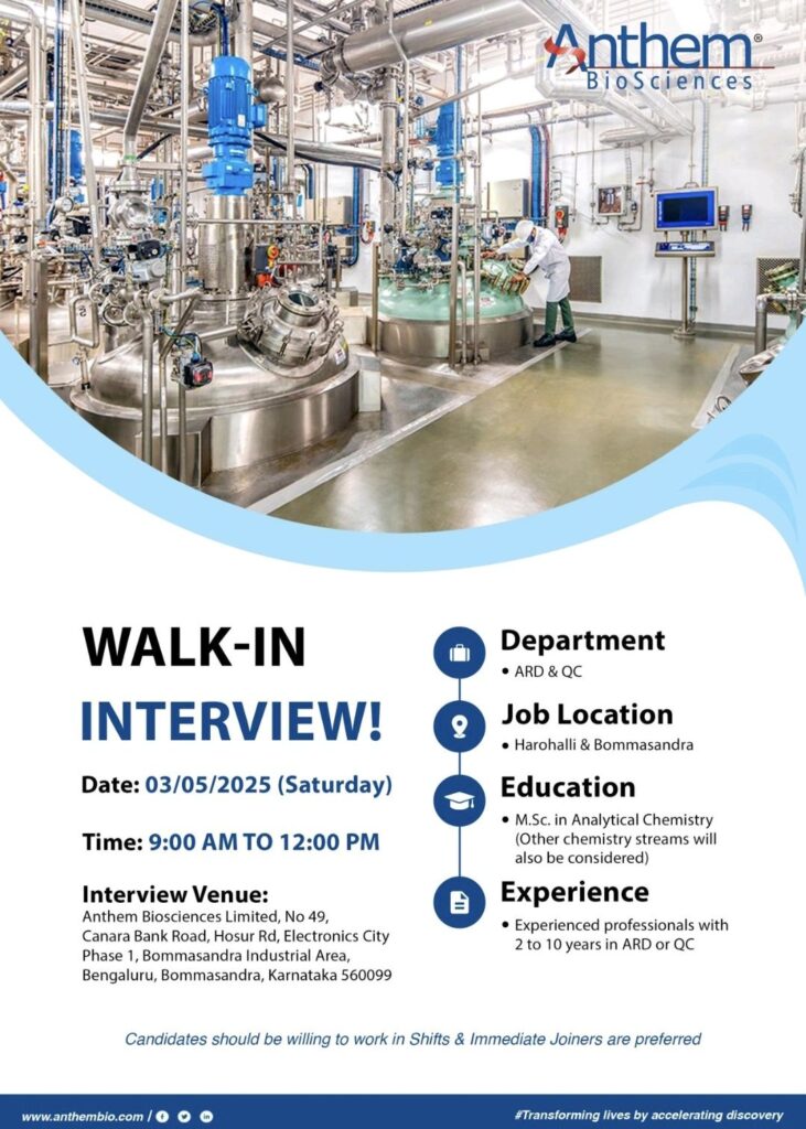 Anthem Biosciences Walk-In Drive: Hiring ARD & QC Professionals in Bengaluru – May 3, 2025