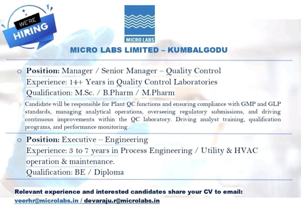 Career Openings at Micro Labs: QC Managers & Engineering Executives Wanted. 