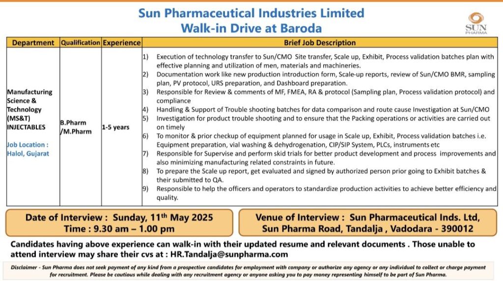 Sun Pharma Invites B.Pharm/M.Pharm Candidates for MS&T (Injectables) Roles