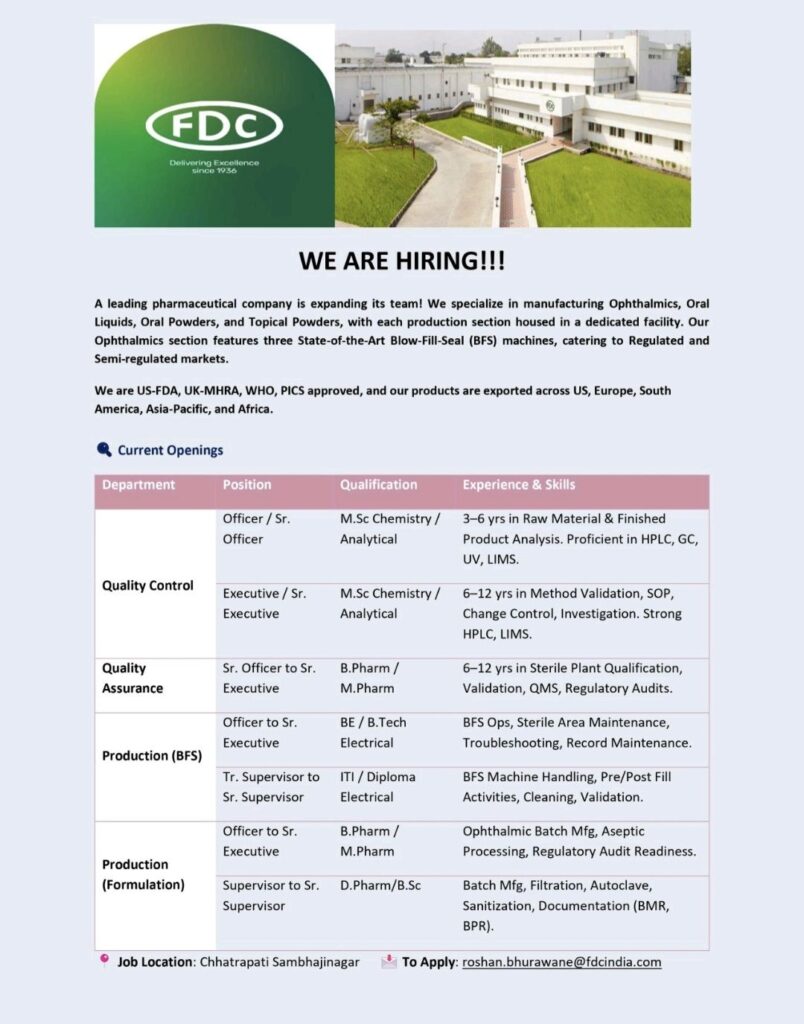 Expand Your Career in FDC – Multiple Openings in Quality & Production (BFS, Formulation)