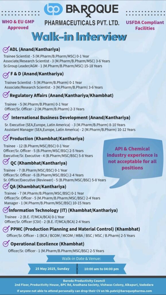 Walk-In Interview on May 25, 2025 at Baroque Pharmaceuticals – Hiring for ADL, R&D, Regulatory Affairs, Production, QC, QA, IT & More!