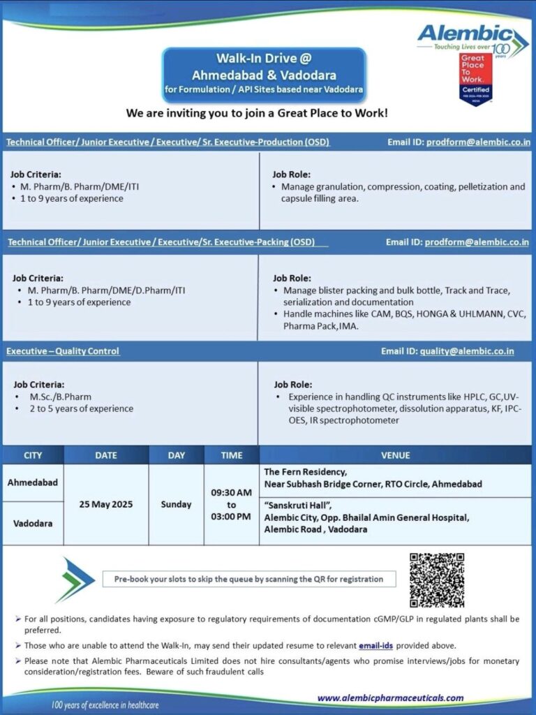 Join Alembic Pharma – Walk-In Interviews on May 25 for OSD & QC Professionals