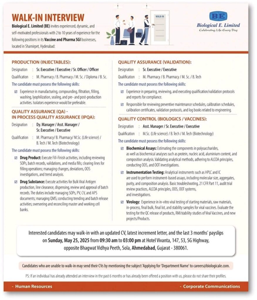 Walk-In Drive on Sunday, May 25, 2025,at Biological E. Limited: Hiring for Production, QA, and QC Roles – Apply Now