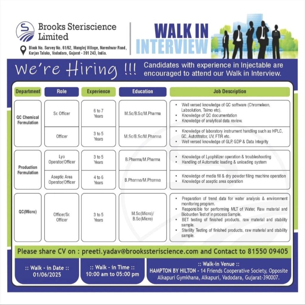 Walk-In Interview at Brooks Steriscience Vadodara