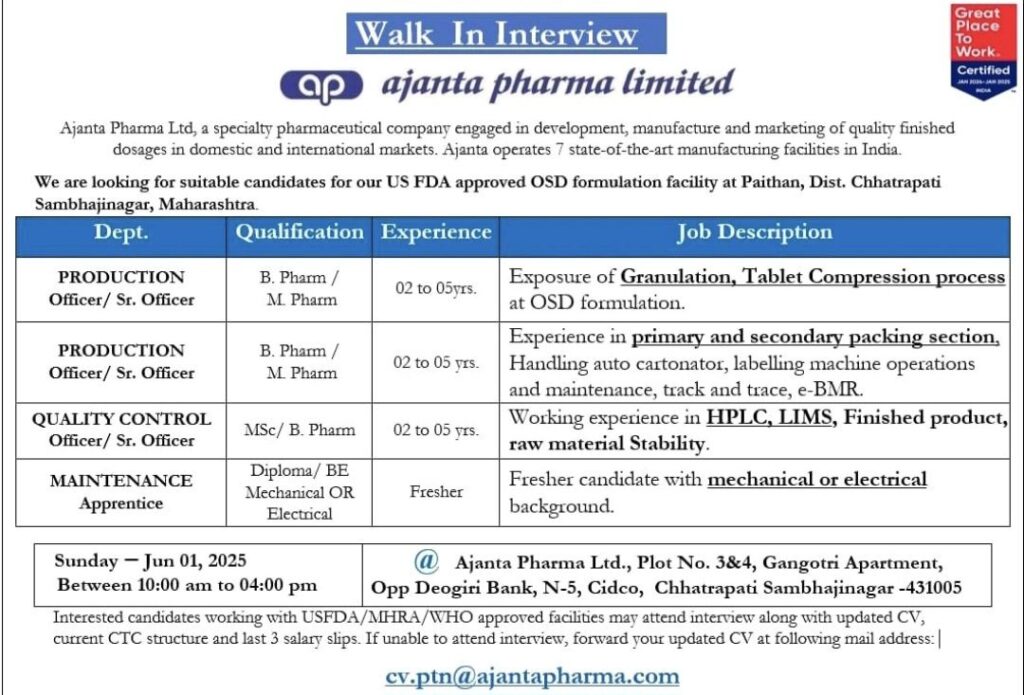 Ajanta Pharma Hiring – USFDA OSD Facility Jobs 