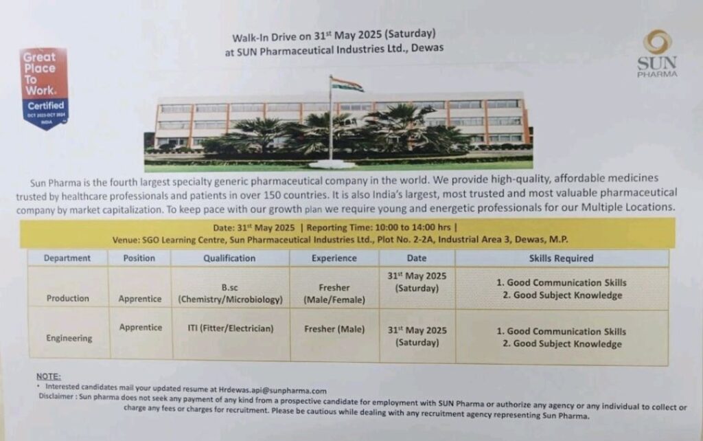 Freshers Opportunity: Sun Pharma Apprentice Recruitment in Dewas – Apply Now