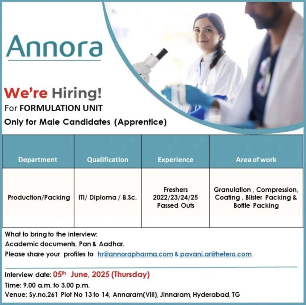 Annora Pharma Hiring Freshers,Walk-In on on June 5, 2025 for Male Apprentices in Hyderabad