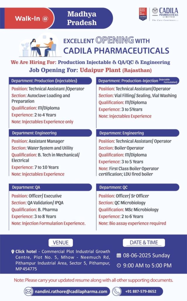 Walk-In Interview at Cadila Pharmaceuticals: Production, QA/QC, Engineering Jobs