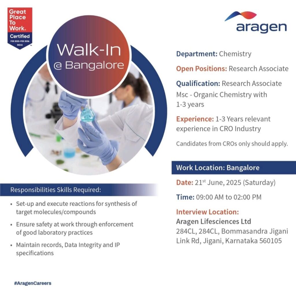 Walk-In Interview for Research Associate (Chemistry) at Aragen Lifesciences – Bangalore, June 21, 2025