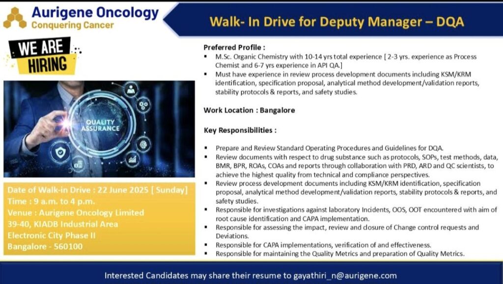 Walk-In Interview: Deputy Manager – Drug Quality Assurance (DQA) 
