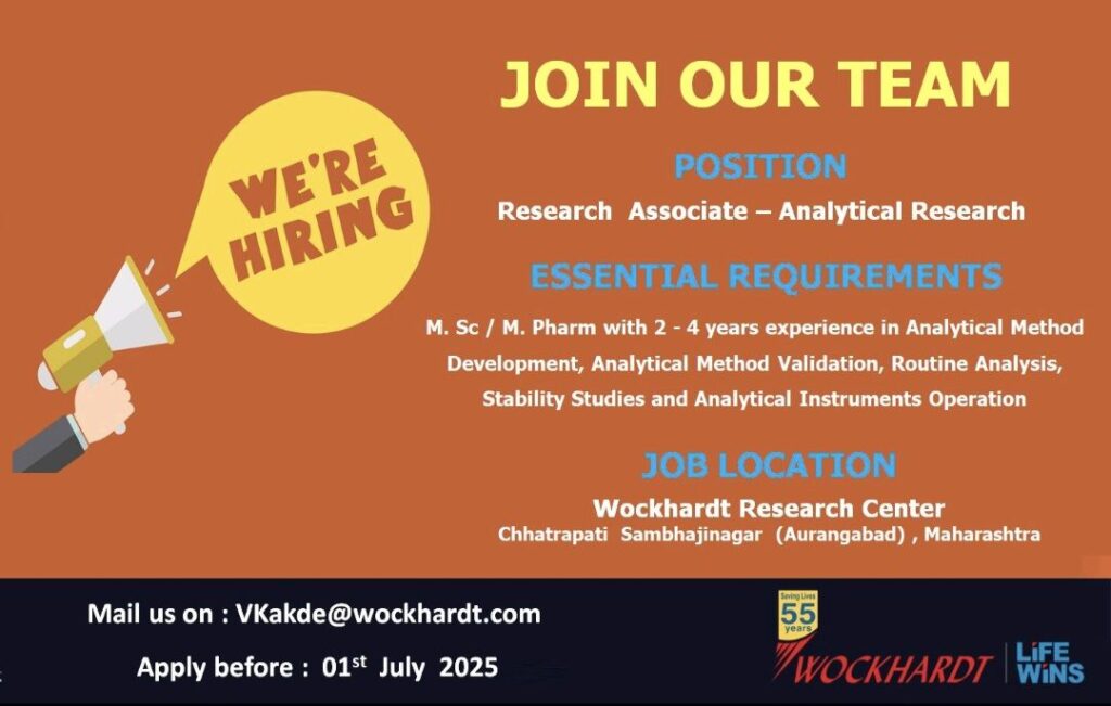 Research Associate (Analytical Research) Job at Wockhardt – Apply Now!