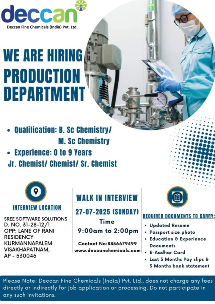 Walk-In at Deccan Fine Chemicals | 0–9 Yrs Exp | B.Sc/M.Sc Chemistry
