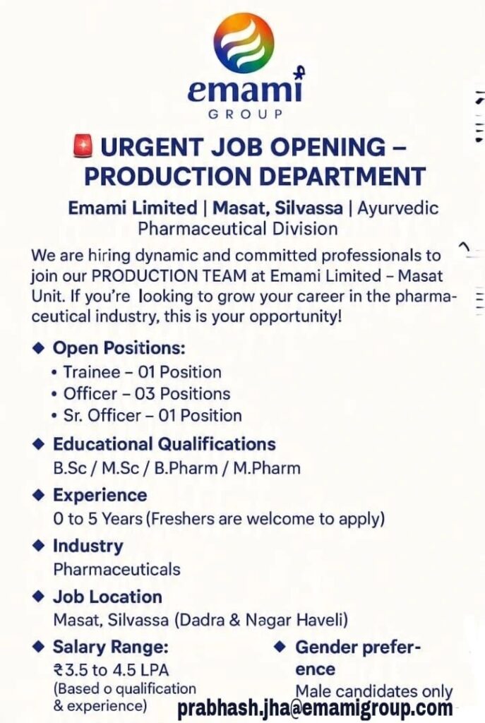 Emami Limited is Hiring – Production Department- Masat, Silvassa 