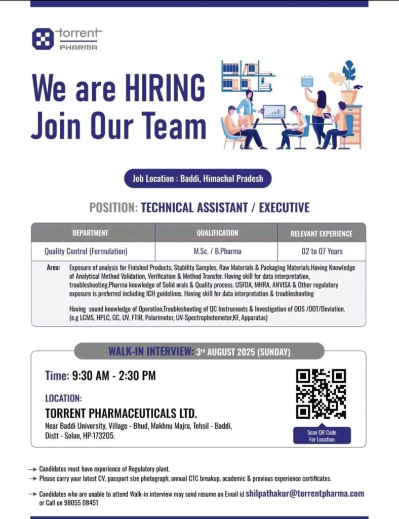 Walk-In Interview at Torrent Pharma Baddi – QC (Formulation) Jobs for M.Sc/B.Pharma | 3rd Aug 2025