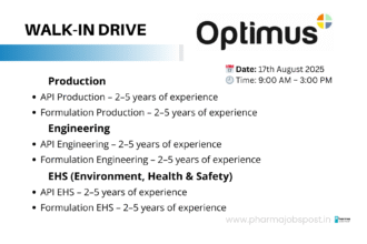 Optimus Pharma Walk-In Drive – API, Formulation & EHS Jobs