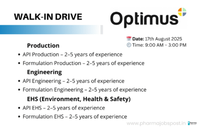 Optimus Pharma Walk-In Drive – API, Formulation & EHS Jobs