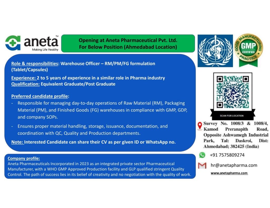 Job Openings at Aneta Pharmaceuticals Pvt. Ltd. (Ahmedabad)