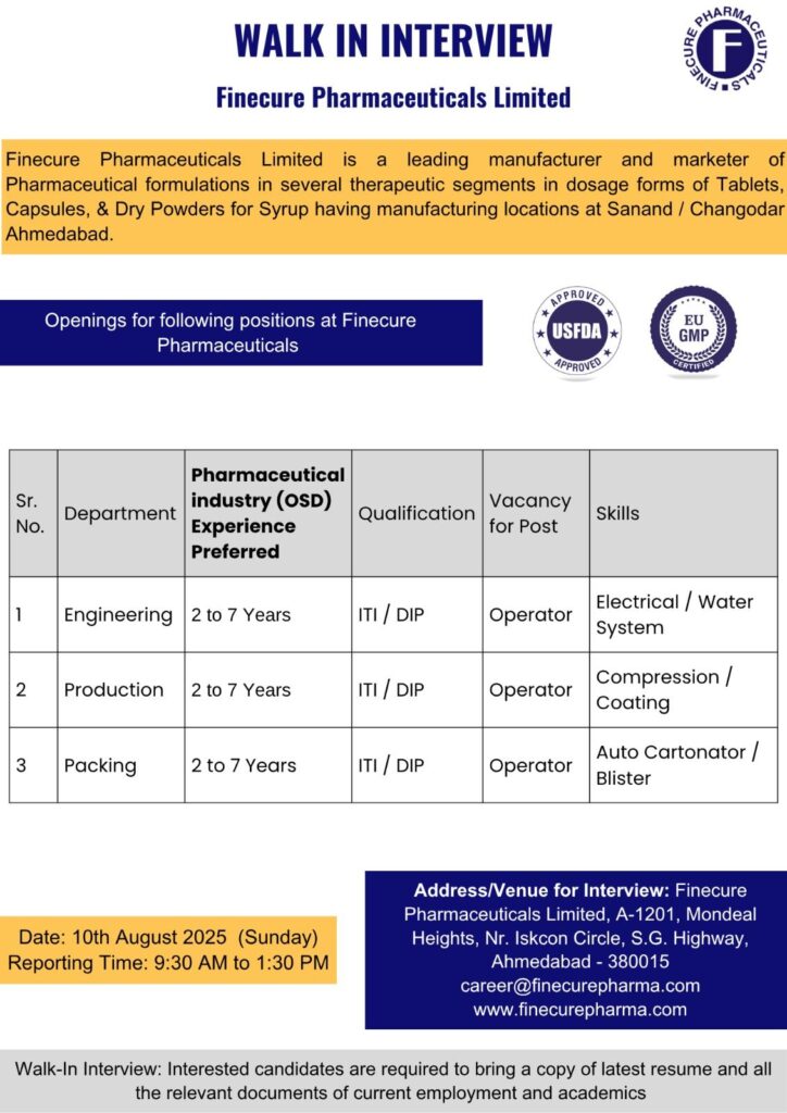 Job Openings at Finecure Pharmaceuticals