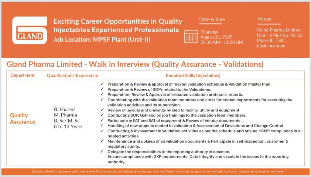 Gland Pharma Limited Walk-In Interview – Quality Assurance