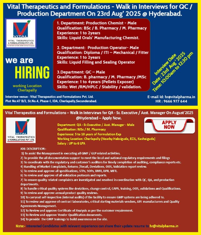 Vital Therapeutics and Formulations – Walk-in Interviews for QC, Production & QA 