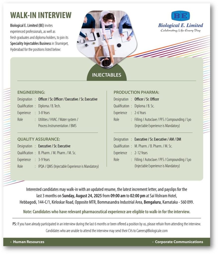 Walk-In Interview at Biological E. Limited (BE) – Exciting Career Opportunities