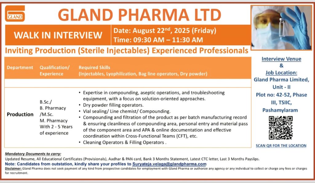 Gland Pharma Ltd Walk-In Interview for Production (Sterile Injectables)