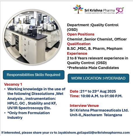 Sri Krishna Pharma Announces Walk-In Interviews for Quality Control (OSD)