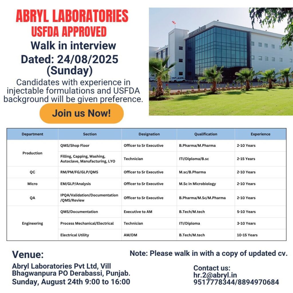 Abryl Laboratories Walk-In Interview 2025: Multiple Openings