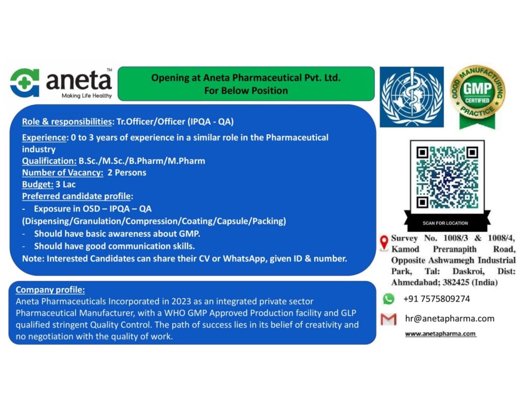 Job Openings at Aneta Pharmaceuticals Pvt. Ltd. (Ahmedabad)