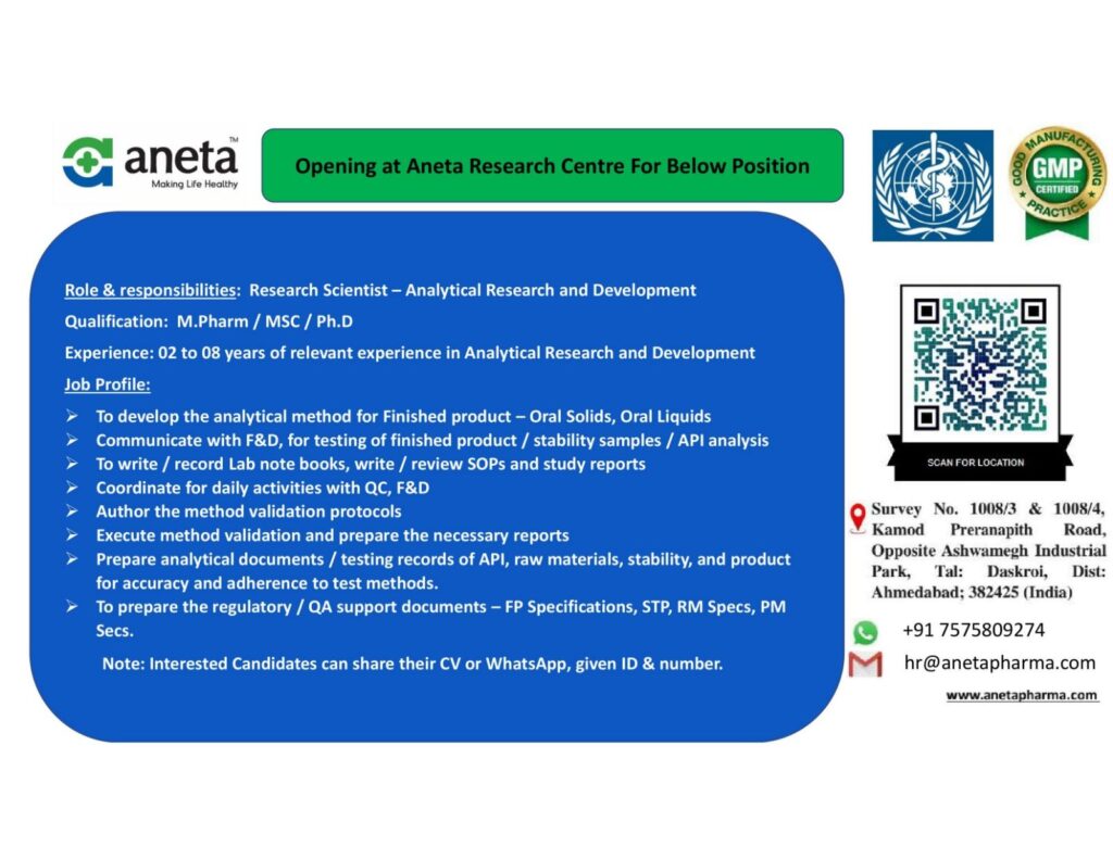 Job Openings at Aneta Pharmaceuticals Pvt. Ltd. at Ahmedabad