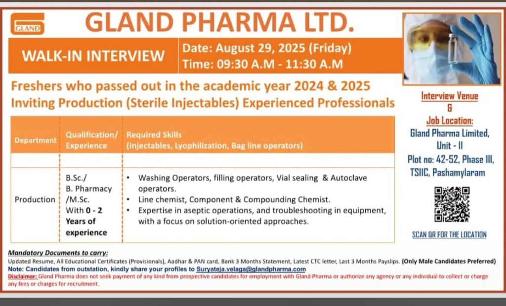 Gland Pharma Ltd. Walk-In Interview for Production (Sterile Injectables) – Freshers