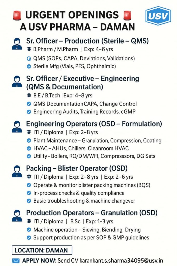 USV Pharma Hiring in Daman | Multiple Openings