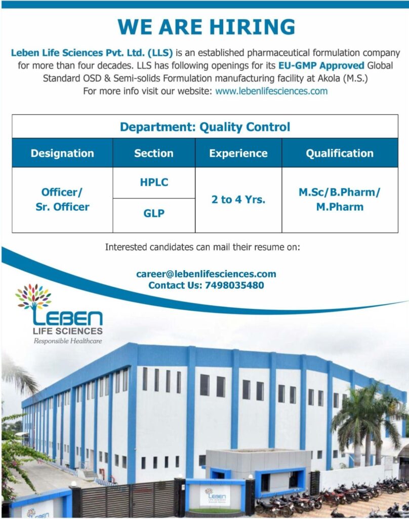 Leben Life Sciences Hiring Officer/Sr. Officer in Quality Control