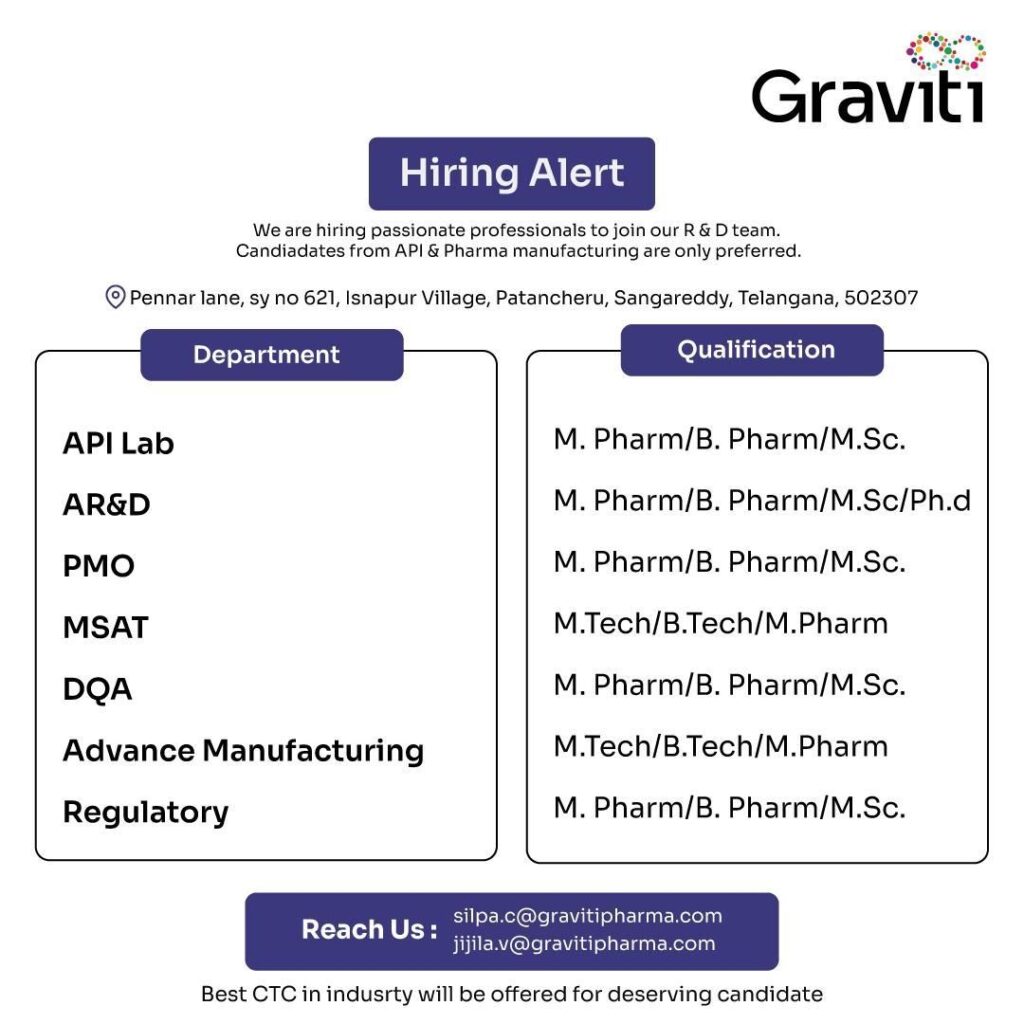 Graviti Pharma Hiring 2025 – Multiple R&D Jobs Open in Telangana 