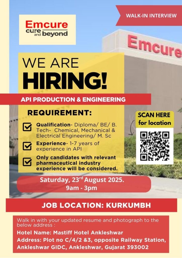 Emcure Walk-In Interview: API Production & Engineering Jobs